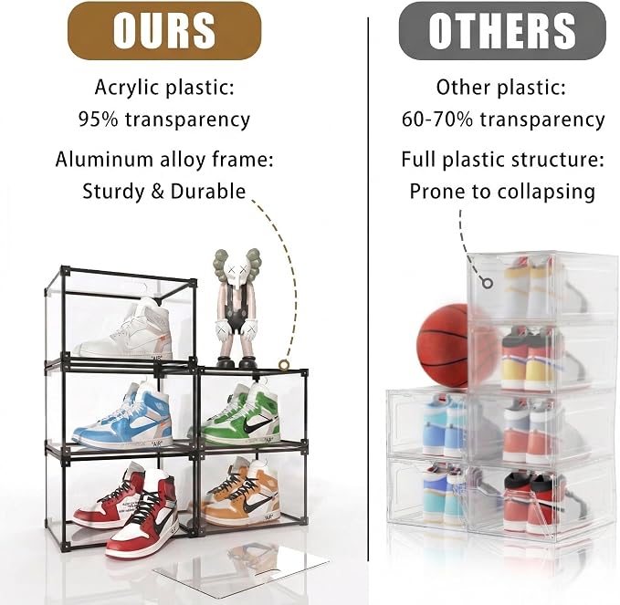Magnetic Side Open Transparent Plastic Storage Shoe Box Clear Shoe Display Case Sneaker Shoe Storage Box Display Box Shoe Container Clear Closet Shelf Shoe Organizer (Black 8PC) - Image 6
