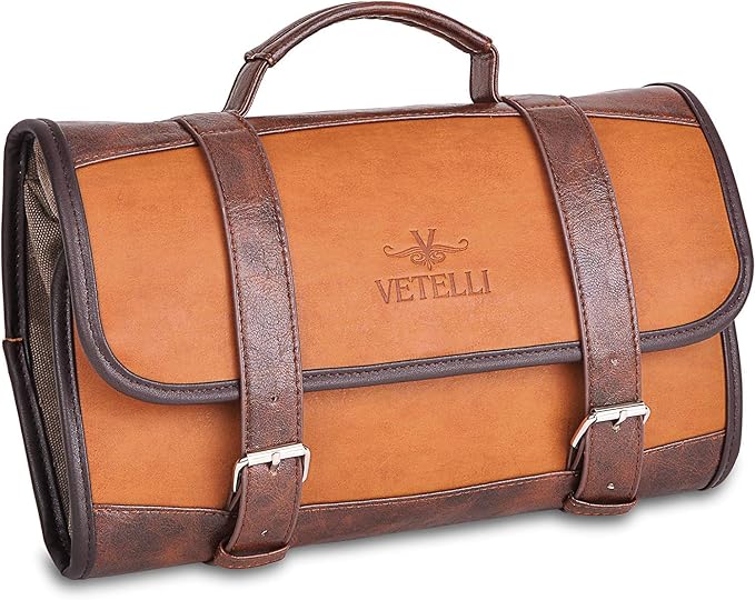 Vetelli Leather Toiletry Bag for Men - Water Resistant, 2 Zippered Internal Pockets, 2 Snap-Fastened Internal Pockets, and Hanging Hook. by Vetelli