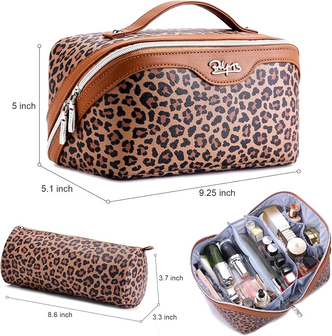 BOYATU Travel Makeup Bag for Women: 3 Pcs Set Portable Make up Bags with Handle - Leopard Print Cosmetic Bags with Comparments - Waterproof Vegan Leather Toiletry Bag (A-1-Brown) - Image 3