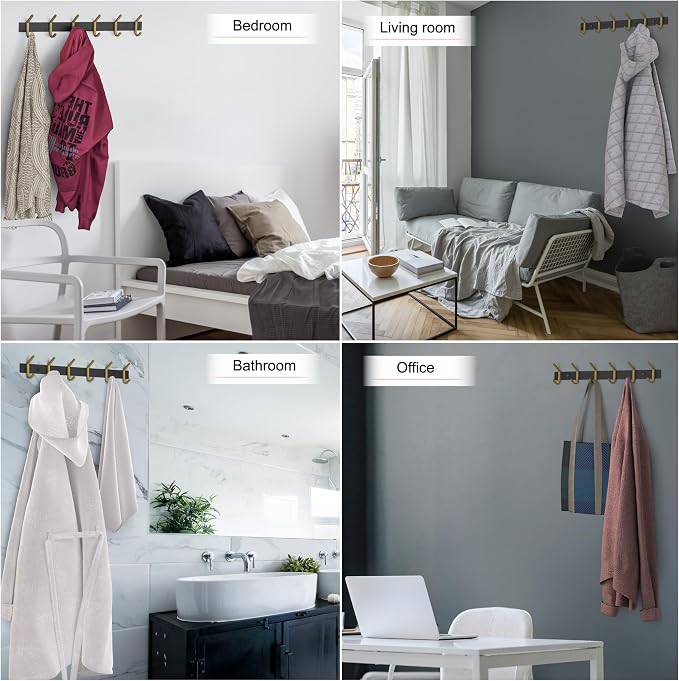 Coat Rack Wall Mount – Black and Gold Hook Rail with 6 Double Coat Hooks, 17 Inch Stainless Steel Wall Hooks for Entryway, Bathroom, Bedroom, Closet, Towel, Hat, Bag, Heavy Duty Organizer - 2 Pack - Image 6