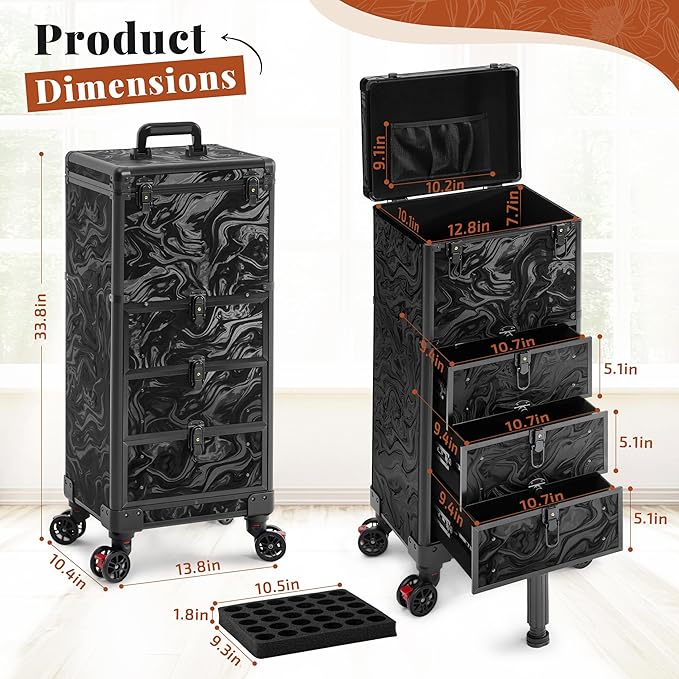 Rolling Makeup Train Case with 3 Drawers, Nail Trolley Cart Salon Station Cosmetology Case on Wheels Organizer Cases for Nail Tech,SPA,Face Painting,Hairstylist,Makeup Artist (Ink Black) - Image 4