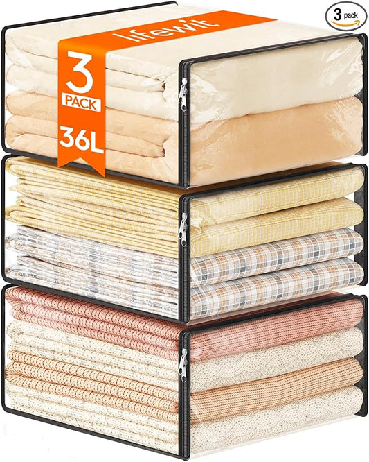 Lifewit 36L Clear Sheet Storage Bags with Zipper 3 Pack, Plastic Sweater Storage Bins for Clothing, Vinyl Foldable Clothes Containers Organizers for Closet, Blankets, Bedding 17.7 x 15.7 x 7.9 Inch by Lifewit