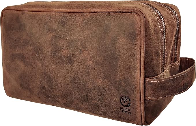 RUSTIC TOWN Full Grain Leather Travel Toiletry Bag - Cosmetic Makeup Kit Organizer (Brown) by RusticTown
