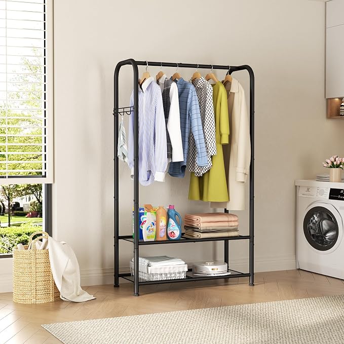 SINGAYE Wardrobe Standing Closet Clothing Rack With Shelf Hanging Clothes | Wardrobe Open Compact Small Metal Garment Hanger Stand Alone Free Standing Black Closet Rack Storage Organizer Heavy Duty - Image 4