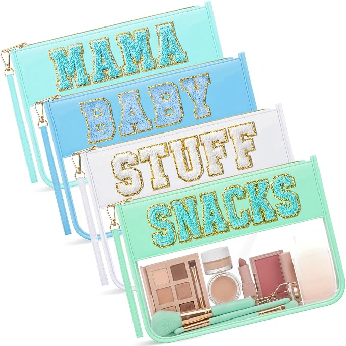4 Pcs Mama Baby Snacks Stuff Clear Pouch Set, Chenille Letter Diaper Bag Organizer Pouches, Transparent Travel Toiletry Makeup Bags for New Mom Baby Shower by Unknown