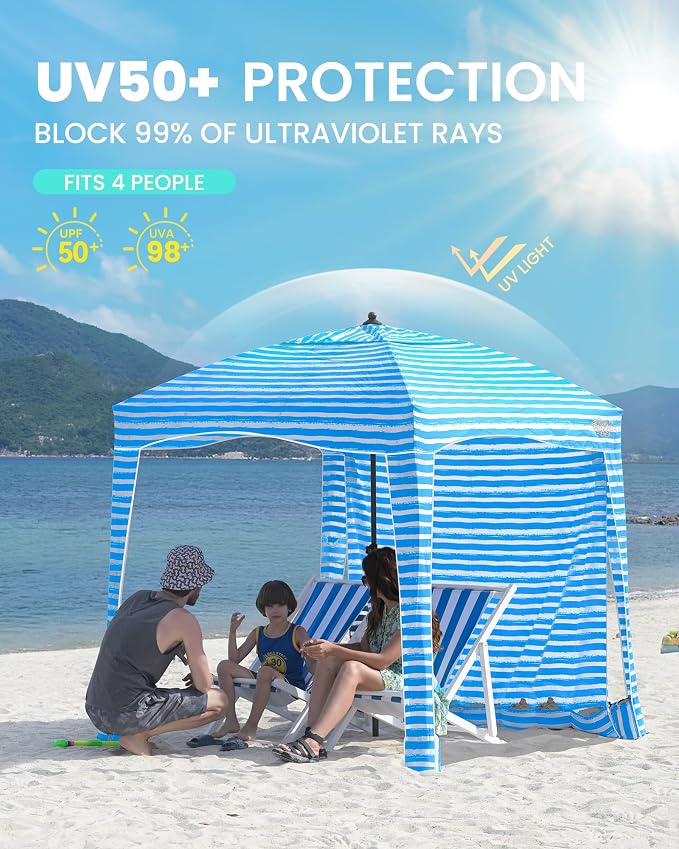 Qipi Beach Cabanas for Sand, Beach Canopy with Sandbags & Side Wall for Family, Easy Set Up Sun Shelter, UPF 50+ UV Protection with Roof Vent - Image 3