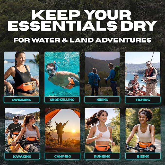 Drench Waterproof Fanny Pack & Waterproof Phone Pouch Set | IPX8 Submersible Waist Pack Dry Bag for Fishing, Hiking, Camping, Kayaking, Paddle Boarding & Water Sports | Orange - Image 9