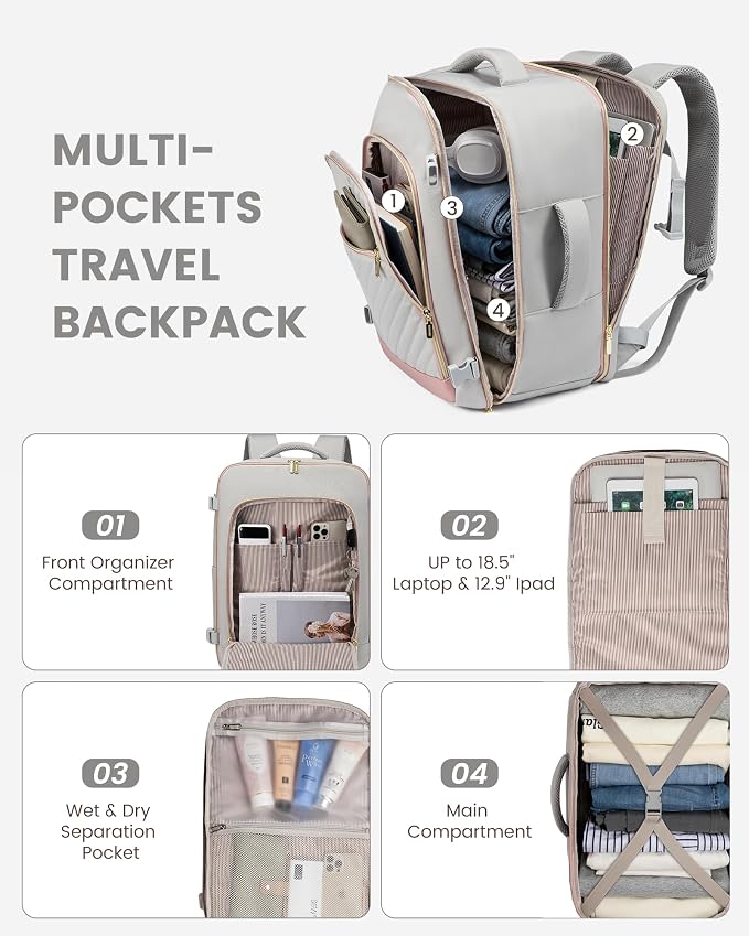 LOVEVOOK Travel Backpack For Women,40L Carry On Backpack Flight Approved,TSA Personal Item Travel Bag Fits 17 Inch Laptop,Business Weekender Overnight Daypack with Toiletry Bag and 2 Packing Cubes - Image 4