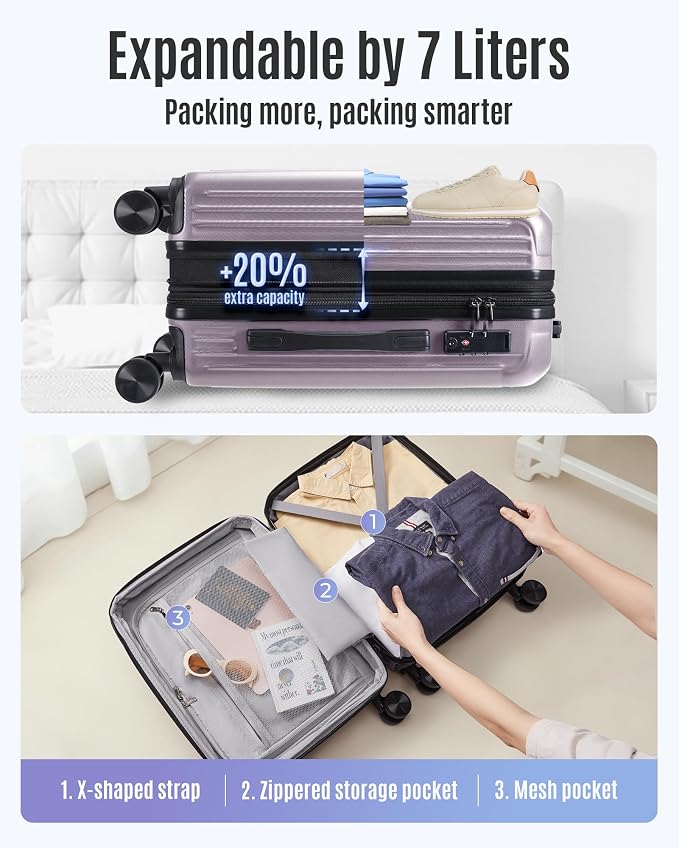 LIGHT FLIGHT Carry On Luggage 22x14x9 Airline Approved, Rose Purple | 20 Inch, 22x14x9 Airline Approved, Hard Shell with Wheels, Expandable, TSA Lock - Image 6