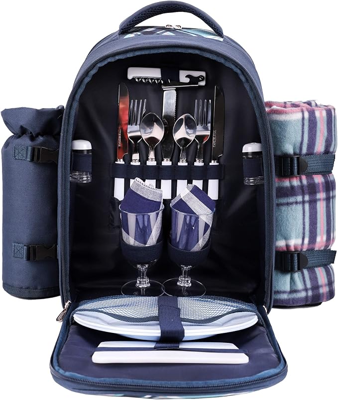 Apollo Walker Picnic Backpack Bag for 2 Person with Cooler Compartment, Detachable Bottle/Wine Holder, Fleece Blanket, Plates and Cutlery (Blue) by apollowalker