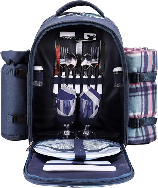 Apollo Walker Picnic Backpack Bag for 2 Person with Cooler Compartment, Detachable Bottle/Wine Holder, Fleece Blanket, Plates and Cutlery (Blue) by apollowalker