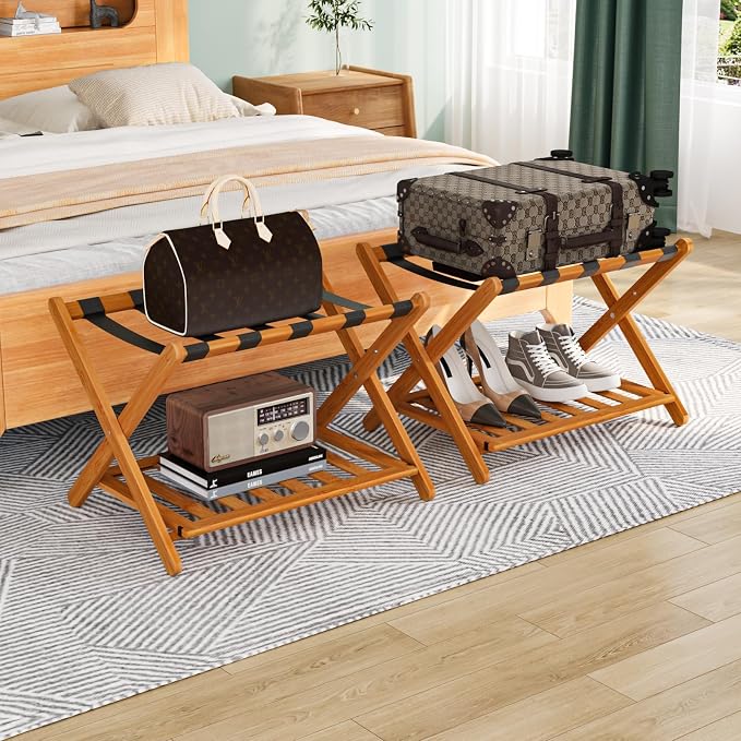 Smuxee Fully Assembled Honey Luggage Racks Pack of 2, Upgraded Bamboo Foldable Suitcase Stand with 5 Nylon Straps, Luggage Holder with Shelf for Guest Room Bedroom Hotel by Smuxee