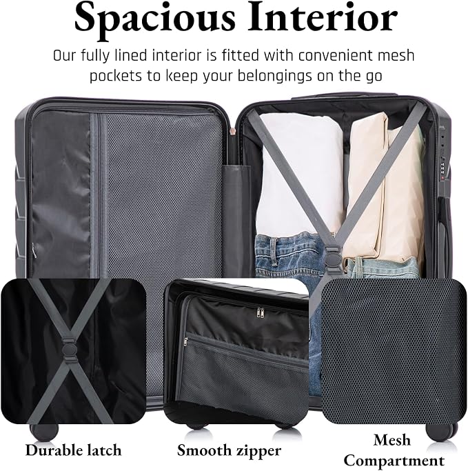3-Piece ABS Spinner Luggage Set (20" 24" 28") with Combination Lock, Matching Hardshell Suitcases, Black - Image 5