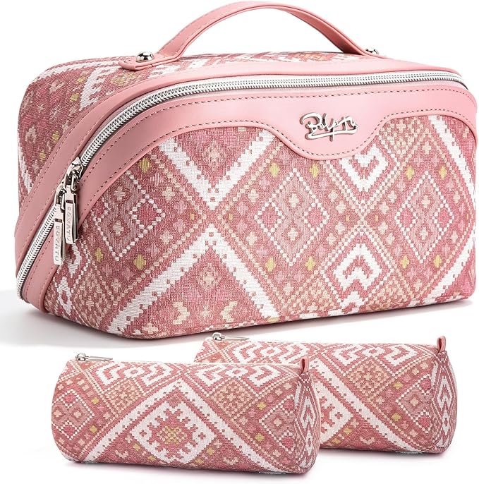 BOYATU Travel Makeup Bag Organizer: Boho Large Capacity Cosmetic Bag Sets | 3Pcs Waterproof Leather Toiletry Bags | 180°Open Flat Make up Case with Compartments | Western Travel Essentials for Women by BOYATU