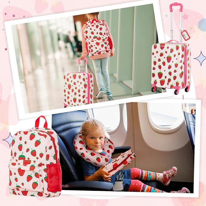 Redbaker 6 Pcs Kids Luggage Set, 17 Inch Rolling Suitcase with Backpack Lunch Bag Neck Pillow, Pink Strawberry Travel Set for Summer Vacation Sleepover Back to School Gift - Image 6