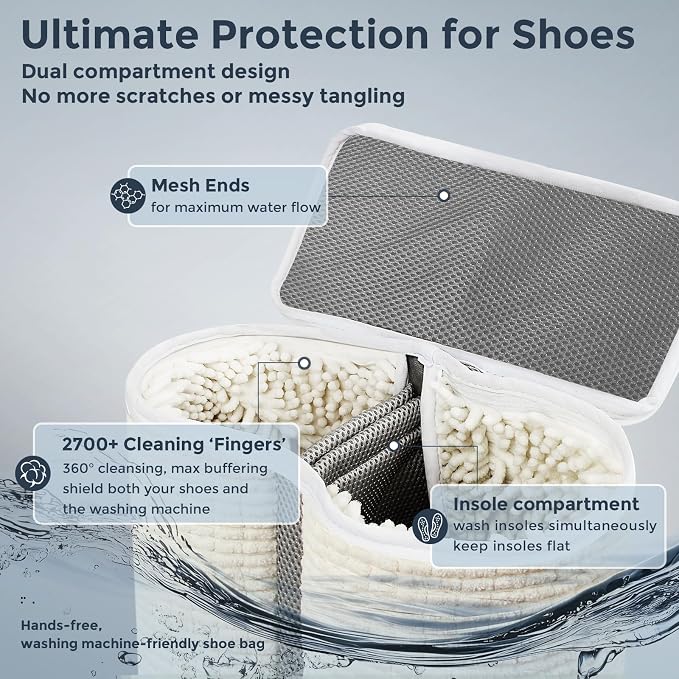 Shoe Washing Machine Bag, Dual Compartment Full Protection Laundry Shoe Bags for Washer with Clasp-Lock Zipper, Sneaker Cleaner Wash Bag for Tennis Shoes, Beige/Gray, 2-Pack - Image 3