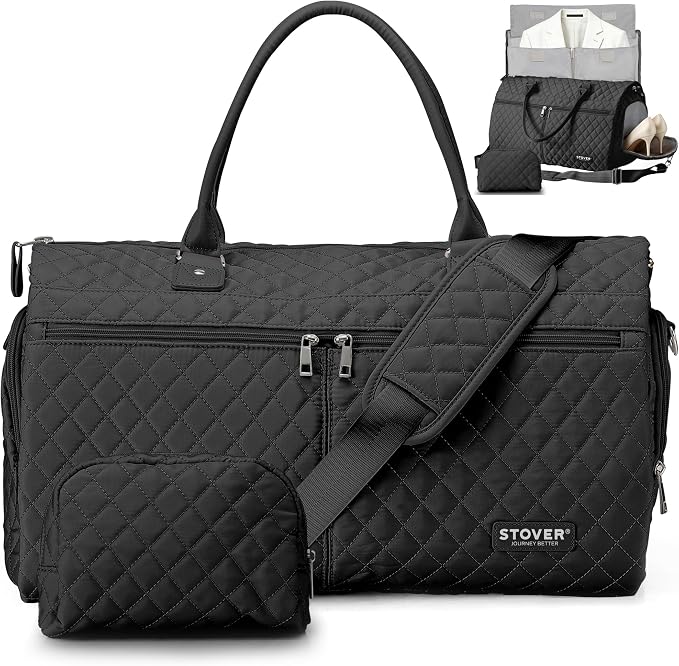 STOVER Women’s Convertible Garment Duffel Bag for Travel – 2-in-1 Carry-On Weekender/Overnight Tote - Wrinkle-Free Dresses, Suits & Clothes + Shoe Compartment & Bonus Toiletry Bag (Onyx Black) by STOVER