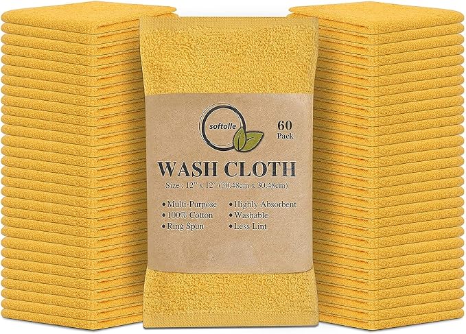 100% Cotton Washcloths 60 Pack (12x12 Inches) Soft, Highly Absorbent Washcloth, Face Towels, Wash Cloths for Face, Ring Spun, Bulk Pack (Yellow) by Softolle