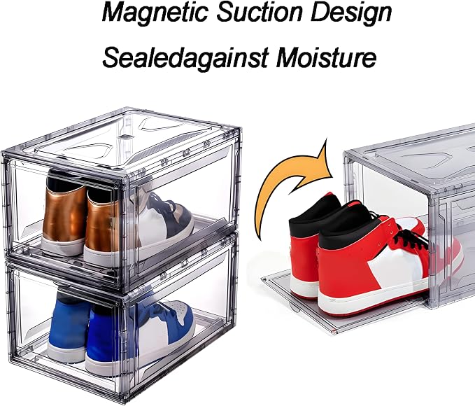 12 Pack Acrylic Clear Shoe Boxes– Ultra Clear Plastic Stackable Sneaker Storage For Sneakerhead. Professional Grade Shoe Display Case with Magnetic Door .Boots and Hat Organizer.Fits US Size 15 - Image 4