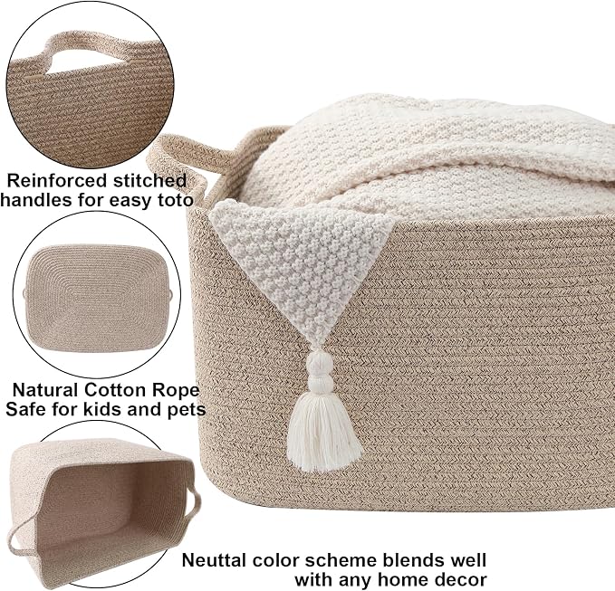 65L Collapsible Woven Rope Laundry Basket with Handles,Brown | 21x16x12 Foldable Rectangular Blanket Basket for Toys, Clothes & Pillows,Ideal for Nursery, Bathroom, Bedroom, Living Room - Image 3