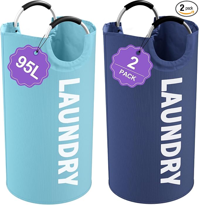 2Pcs Foldable Laundry Basket with Handles, 95L Large Clothes Hampers for Men, Tall Laundry Bin Stand Up Well, Portable Storage Basket for Family, Flat, Blue + Navy Blue by IHOMAGIC