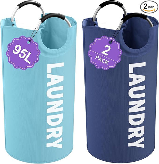 2Pcs Foldable Laundry Basket with Handles, 95L Large Clothes Hampers for Men, Tall Laundry Bin Stand Up Well, Portable Storage Basket for Family, Flat, Blue + Navy Blue by IHOMAGIC