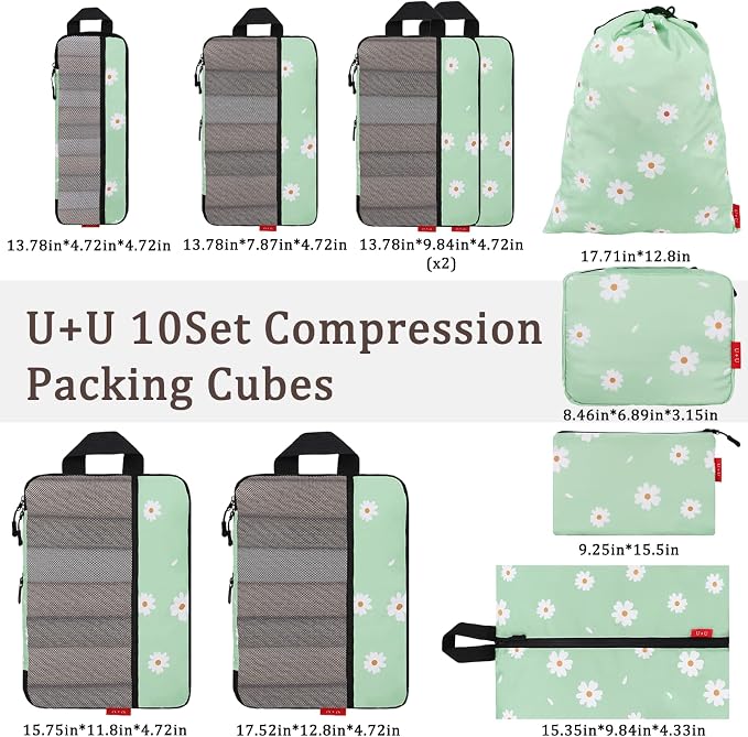 U+U 10 Set Compression Packing Cubes - Ultralight Travel Organizers with Laundry Bag and Cosmetic Bag, Space-Saving Suitcase Organizer for Travel, Business Trip and Family Vacation (Daisy) - Image 3