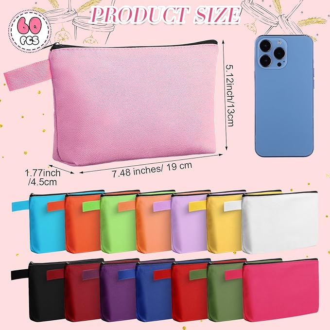 Reginary 60 Pcs Multicolor Canvas Makeup Bag Bulk Portable Travel Cosmetic Pouch Versatile Blank Toiletry Bag with Zipper for Women DIY Craft Purse Pencil Case (7.5 x 5 x 2 Inch) - Image 3