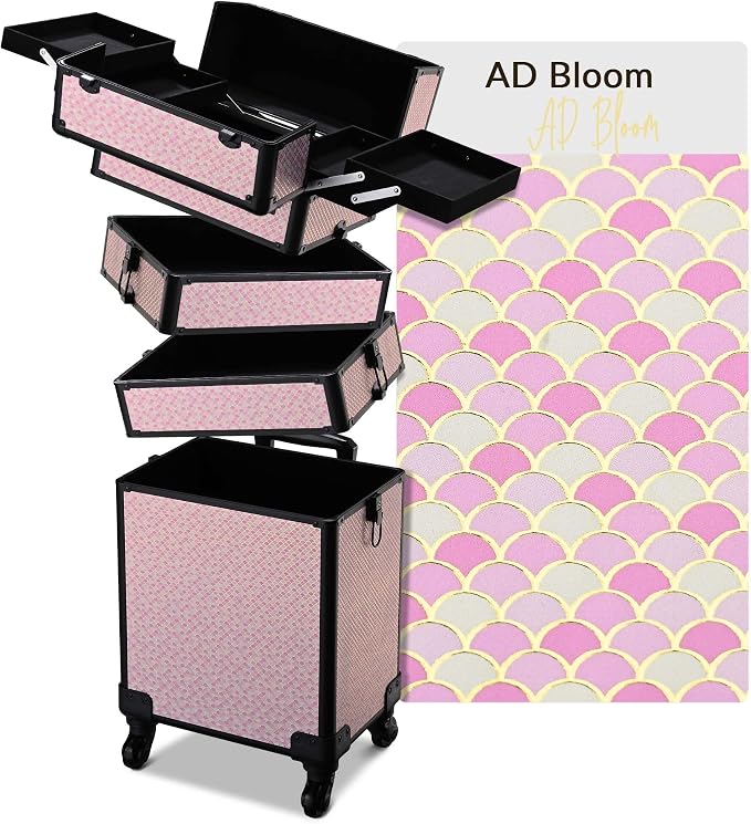 BYOOTIQUE Rolling Makeup Case 4in1 Cosmetology case on wheels Makeup Artist | Aluminum Rolling Makeup Suitcase with 360° Detachable Wheel Lockable 54Lb Large Capacity Organizer Nail Tech AD Bloom by BYOOTIQUE
