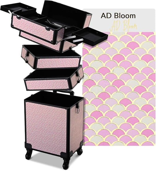 BYOOTIQUE Rolling Makeup Case 4in1 Cosmetology case on wheels Makeup Artist | Aluminum Rolling Makeup Suitcase with 360° Detachable Wheel Lockable 54Lb Large Capacity Organizer Nail Tech AD Bloom by BYOOTIQUE