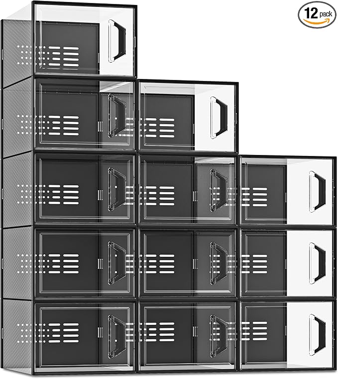 SEE SPRING X-Large Shoe Storage Box Fit Size 11, Clear Plastic Stackable Shoe Organizer for Closet, Space Saving Sneaker Shoe Rack Containers Bins Holders for Entryway, Under Bed, 12 Pack Black by SEESPRING