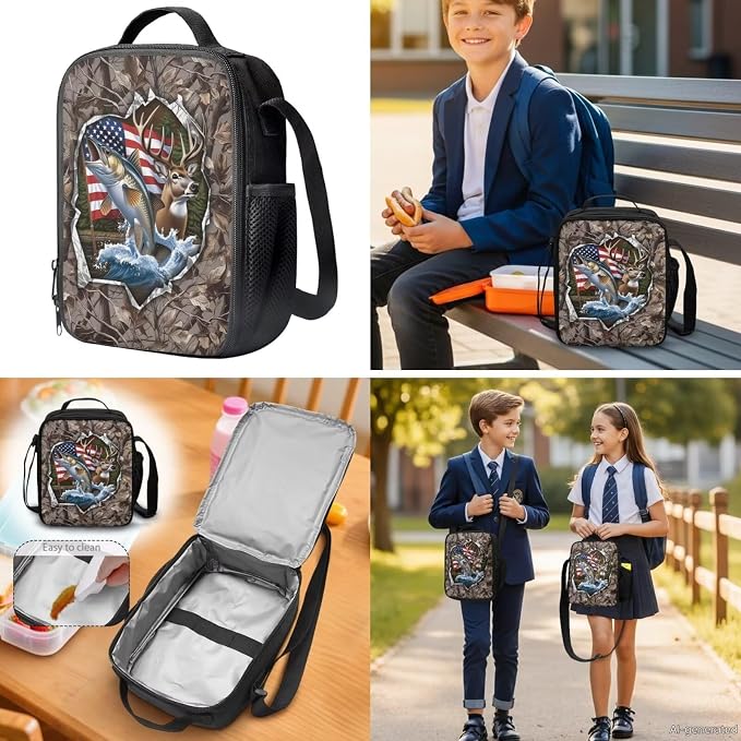 GIFTPUZZ 4-in-1 Camouflage Deer Fish American Flag Kids Backpack Set | Patriotic School Bookbag with Lunch Box for Elementary Boys, Zippered Pencil Case Pouch, Water Bottle Holder, Ages 6-8 - Image 4