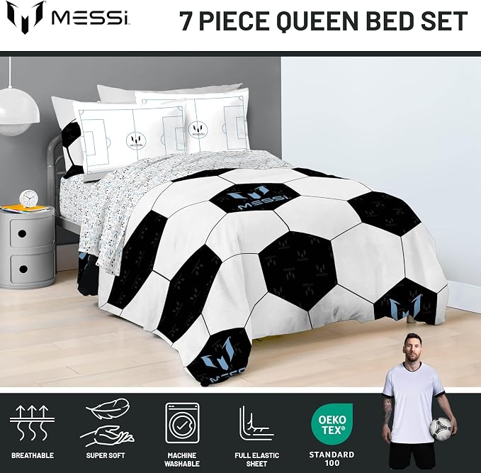 Jay Franco Kids Comforter Set Includes Sheets and Pillow Cover - Soft and Cozy Bed Set for Stylish Room Décor, White - Messi, 7 Piece Queen - Image 4
