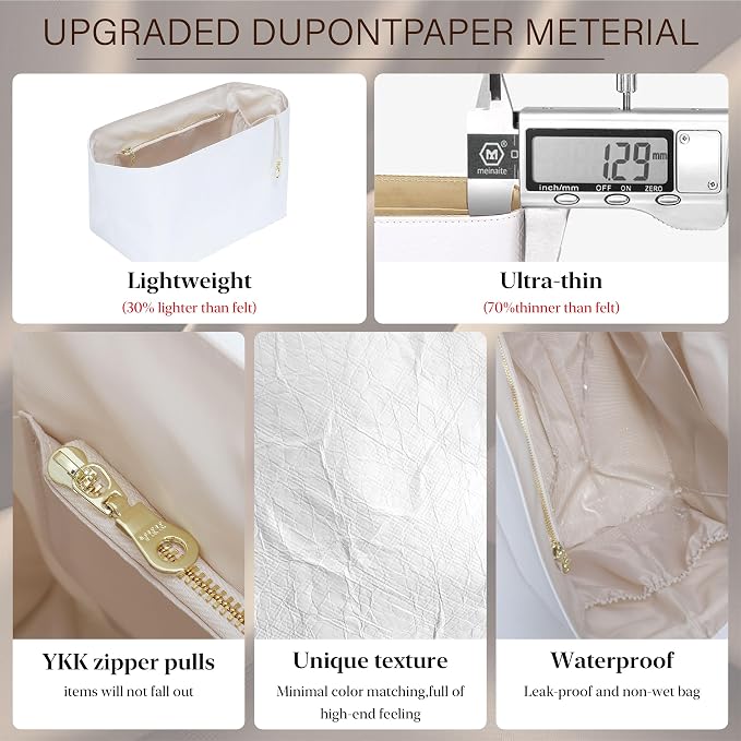 Doxo Purse Organizer Insert for Longchamp Le Pliage Large, 6-Compartment Bag Organizer with YKK Zipper Pocket, Cup Holder, Key Chain, Waterproof DupontPaper Lightweight Handbag Shaper (White Beige,L) - Image 6