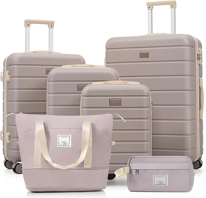 Rosybrown 6 Piece Luggage Set Hard Shell - Checked Suitcases with Spinner Wheels & Expandable Duffel Bags for Family Travel, Durable Carry On Luggage Sets with Lock for Women and Men by Unknown