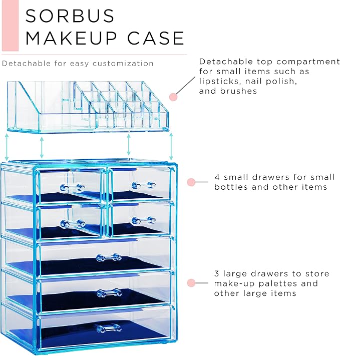 Sorbus Acrylic Makeup Organizer Set, 7-Drawer Vanity & Countertop Cosmetic Storage with Small & Wide Compartments, Blue Brilliance Makeup Storage for Brushes, Jewelry – Holiday Gift for Women & Teens - Image 4