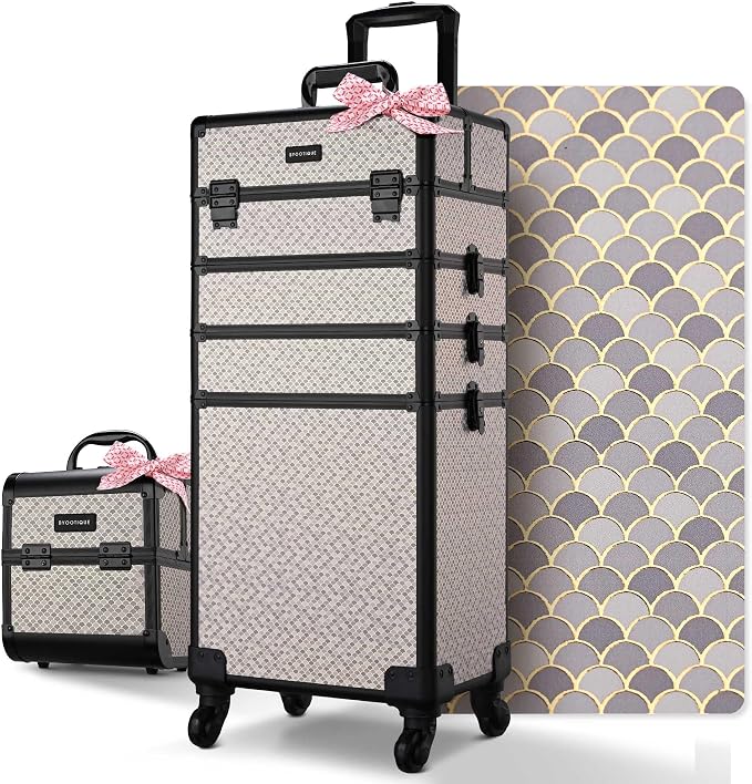 BYOOTIQUE 4in1 Cosmetology Case on Wheels w/Cosmetic Storage Makeup Artist | Aluminum Rolling Makeup Suitcase 360° Detachable Wheel Lockable Makeup Case Organizer w/ Mirror Nail Tech AD Graphite by BYOOTIQUE