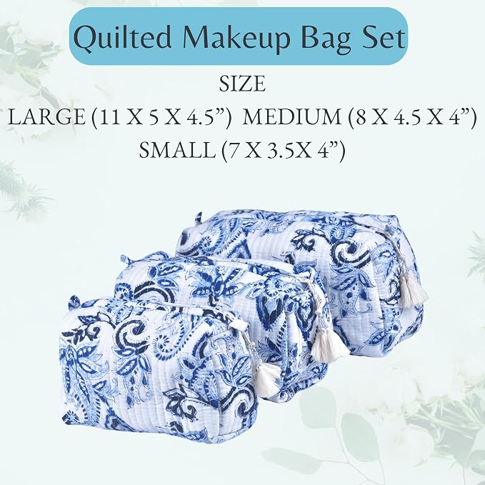 Quilted Floral Block Print Makeup Bag Set of 3 – Cotton Travel Toiletry and Makeup Organizer, Cosmetic Pouch, Toiletry Bag for Women, Cute Boho Coquette Make Up Bags for Women (Small, Medium, Large) - Image 2