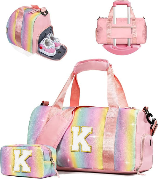 Girls Cheer Up Gifts-Girl Gym Bag with Shoe Compartment, Kid Personalized Weekender Dance Bags, Initial Travel Tote with Makeup Pouch, Graduation Gift for Niece Kids Daughter (Letter K) by Vogewood
