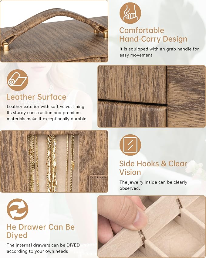 AKOZLIN 6-Tier Jewelry Box Organizer Functional 5 Drawers Leather Jewelry Storage Case for Women Girls Ring Necklace Earring Bracelet Holder Organizer with Mirror Wood Grain 360° Rotating - Image 7