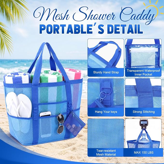 Hillban Large Mesh Beach Bag Bulk for Women Waterproof Sandproof Pool Tote Bag with 8 Pocket Small Zipper Pouch with Ring - Image 3