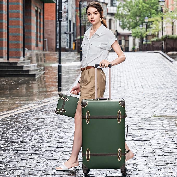 urecity Vintage Suitcase Set for Women, Vintage Luggage Sets for Women 2 Piece, Cute Designer Trunk Luggage, Retro Suit Case, Luggage Zipperless TSA Approved, Army Green, 20"+12" - Image 2