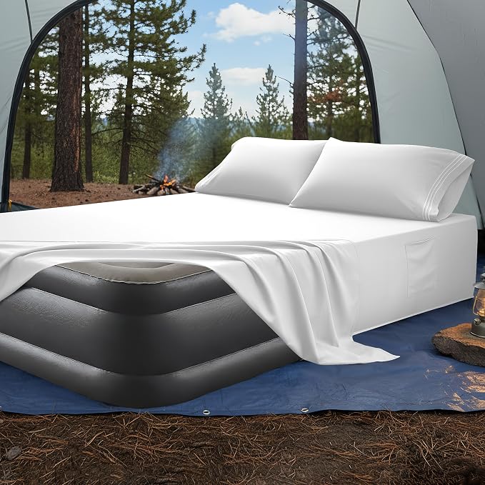 Mocassi 4-Piece Extra Deep Pocket 16-24 Inch Air Mattress Bed Sheet Set- 4PC Sheet Set with Smart Pockets Ideal for Air Beds, RVs, Camping and Guest Rooms Premium Hotel Quality, Twin, White - Image 4