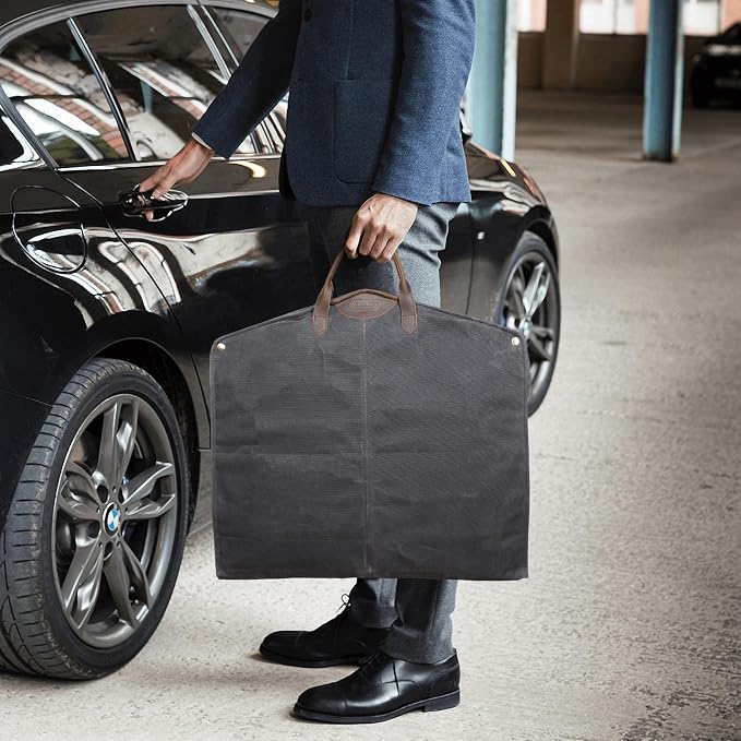Polare 43” Waxed Canvas Full Grain Leather Trim Garment Bag for Travel, Large Carry on Business Suitcase Cover with YKK Zipper, Waterproof Hanging Suit Garment Cover with Handles,1 pack - Image 2