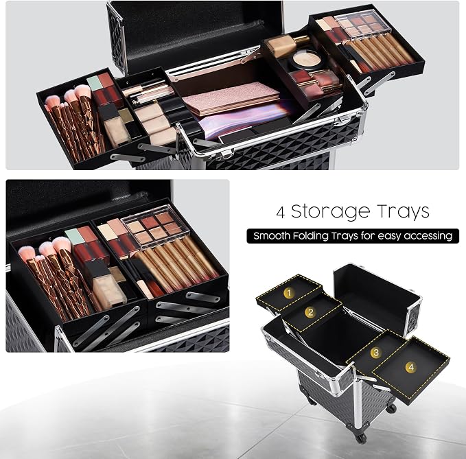 Rolling Makeup Train Case Large Cosmetic Trolley Organized Aluminum Barber Case for Hairstylist Makeup Nail Tech Salon with Keys Swivel Wheels Traveling Cart Trunk - Black - Image 3