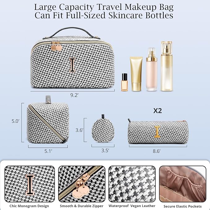 Personalized Gift Travel Makeup Bag: Initial Makeup Organizer Bag for Women | 3-in-1 Custom Make up Bag Set - Vegan Leather Travel Cosmetic Bag - Luxury Gift for Women – Birthday, Anniversary, Graduation - Image 6