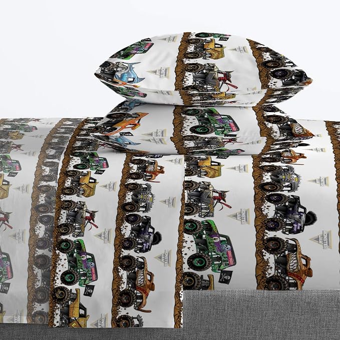 Jay Franco Kids Sheet Set with Fitted, Flat Sheets & Pillow Cover - Ultra-Soft Bedding with Pillowcase for Room Decor, Multi - Monster Jam, 4 Piece Full - Image 3