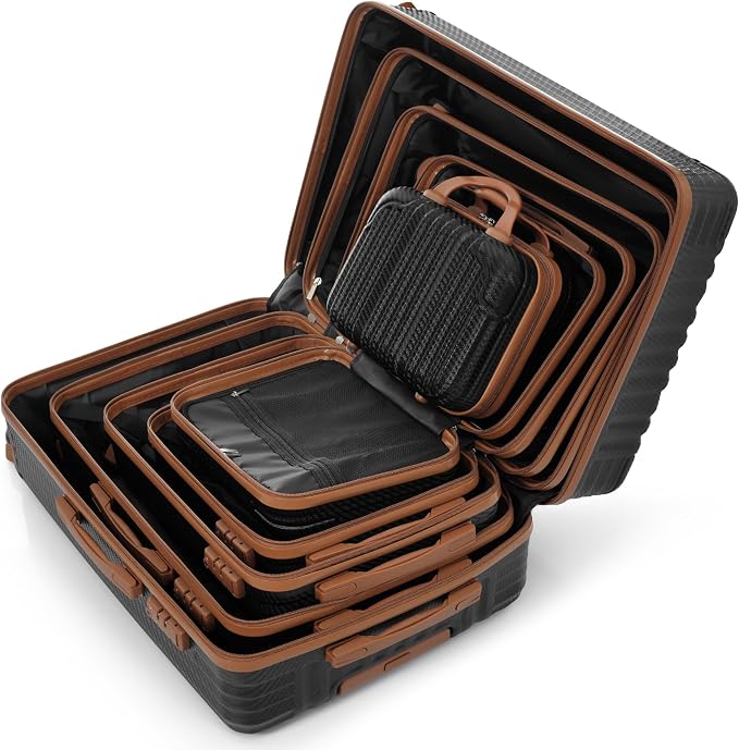 Black Brown 6 Piece Luggage Set Hard Shell - Lightweight Checked Suitcases with Spinner Wheels and Cosmetic Cases for Family Travel, Durable Carry On Luggage Sets with Lock for Women and Men - Image 8
