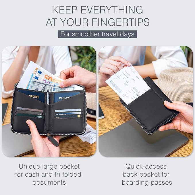 Full Grain Leather Passport Holder for 2 Passports - Dual Passport Holder and Travel Documents Organizer - RFID Travel Wallet for Couples - Black - Image 3