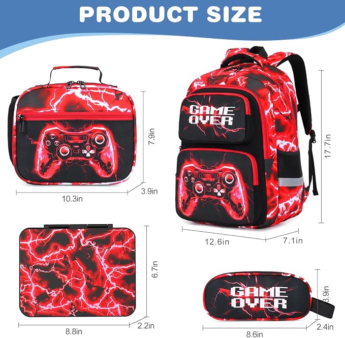 Bevalsa Kids Backpack for Boys with Bento Lunch Box, Insulated Bag & Utensils, 43oz Lunch Containers, Gamer Backpack School Bags for Elementary Middle School Student (Red Lightning) - Image 2